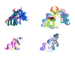 Size: 2160x1748 | Tagged: safe, artist:jeanettemiller547, artist:snufflebug, king sombra, pharynx, princess cadance, princess celestia, princess flurry heart, princess luna, shining armor, thorax, changedling, changeling, g4, changedling brothers, female, good king sombra, king thorax, lunarynx, male, prince pharynx, ship:flurrybra, ship:shiningcadance, shipping, simple background, straight, thoralestia, white background