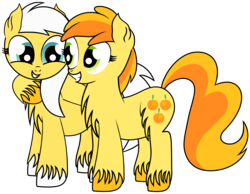 Size: 2193x1698 | Tagged: safe, artist:dinkyuniverse, peachy pie, sunny daze, g4, chest fluff, female, filly, foal, friendship, happy, simple background, transparent background, unshorn fetlocks