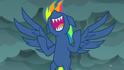 Size: 1920x1080 | Tagged: safe, screencap, rainbow dash, pegasus, pony, g4, secrets and pies, 1080p, cloud, dark clouds, evil laugh, evil pie hater dash, female, flying, laughing, mare, nose in the air, sharp teeth, teeth, volumetric mouth