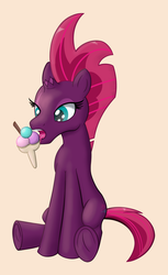 Size: 1303x2134 | Tagged: safe, artist:cybersquirrel, fizzlepop berrytwist, tempest shadow, pony, unicorn, g4, my little pony: the movie, broken horn, female, food, frog (hoof), horn, ice cream, licking, shading, simple background, sitting, solo, tongue out, underhoof