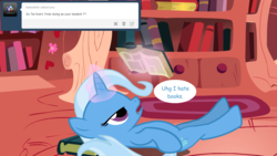 Size: 1280x720 | Tagged: safe, artist:hakunohamikage, trixie, pony, unicorn, ask-princesssparkle, g4, ask, book, female, golden oaks library, magic, mare, solo, tumblr