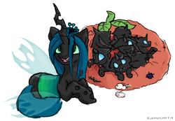 Size: 1730x1200 | Tagged: dead source, safe, artist:kameomia, queen chrysalis, changeling, changeling queen, nymph, g4, baby, baby changeling, cute, cutealis, cuteling, female, grub, i made this, mommy chrissy, pillow, ponified animal photo, prone, simple background, white background