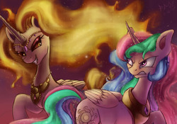 Size: 3000x2100 | Tagged: safe, artist:foughtdragon01, daybreaker, princess celestia, alicorn, pony, g4, armor, duality, female, high res, jewelry, looking at each other, mare, smiling