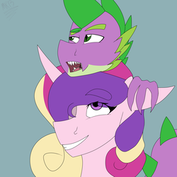 Size: 1688x1688 | Tagged: safe, artist:moonakart13, artist:moonaknight13, princess cadance, spike, dragon, g4, chat, chatting, claws, fangs, leaning, smiling, talking