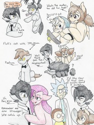 Size: 2415x3230 | Tagged: safe, artist:flicker-show, pinkie pie, oc, oc:flicker show, oc:jitter bug, earth pony, pony, g4, bedroom eyes, female, filly, high res, morty smith, pinkamena diane pie, rick and morty, rick sanchez, siblings, traditional art