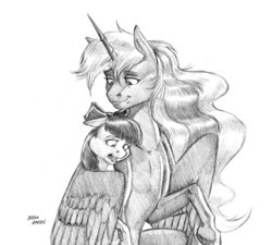 Size: 1300x1172 | Tagged: safe, artist:baron engel, apple bloom, princess luna, alicorn, earth pony, pony, g4, comforting, duo, female, filly, grayscale, hug, mare, monochrome, pencil drawing, simple background, sketch, traditional art, white background, winghug