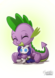 Size: 955x1351 | Tagged: safe, artist:mysticalpha, rarity, spike, dragon, pony, unicorn, g4, baby, baby dragon, button eyes, crush plush, cuddling, cute, eyes closed, fangs, female, happy, hug, male, plushie, rarity plushie, ship:sparity, shipping, signature, simple background, sitting, solo, spikabetes, straight, white background