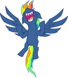 Size: 6400x7315 | Tagged: safe, artist:parclytaxel, part of a set, rainbow dash, pegasus, pony, g4, secrets and pies, .svg available, absurd resolution, evil laugh, evil pie hater dash, female, final form, flying, laughing, mare, nose in the air, sharp teeth, simple background, solo, teeth, transparent background, vector