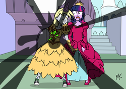 Size: 2893x2039 | Tagged: safe, artist:pony4koma, derpy hooves, twilight sparkle, equestria girls, g4, my little pony: the movie, canterlot, clothes, converse, crown, dark magic, derpy's sacrifice, dress, duo, epic derpy, equestria girls interpretation, female, hat, hero, heroic sacrifice, high res, horrified, jewelry, magic, medieval, muffin, obsidian orb, party hat, regalia, scene interpretation, self sacrifice, shocked, shoes, sneakers, this will end in petrification
