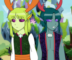 Size: 1684x1400 | Tagged: safe, artist:fantasygerard2000, pharynx, thorax, changedling, changeling, human, g4, brothers, clothes, elf ears, horn, horned humanization, humanized, king thorax, male, prince pharynx
