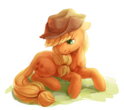 Size: 1390x1226 | Tagged: safe, artist:audrarius, applejack, earth pony, pony, g4, applejack's hat, cowboy hat, female, freckles, hat, lidded eyes, looking down, lying down, mare, prone, simple background, solo, white background