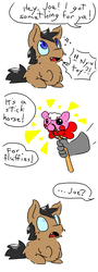 Size: 540x1500 | Tagged: safe, artist:squeakyfriend, fluffy pony, 3 panel comic, comic, hobby horse, horrified, hugbox, implied decapitation, reins, simple background