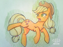 Size: 1012x760 | Tagged: safe, artist:ponime11, applejack, earth pony, pony, g4, chest fluff, colored pencil drawing, cowboy hat, female, hat, kicking, solo, traditional art