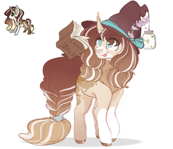 Size: 2200x1900 | Tagged: safe, artist:k-indle, oc, oc only, oc:maeve, pony, unicorn, book, female, hat, jar, mare, solo, tongue out, witch hat