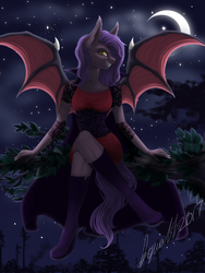 Size: 3000x4000 | Tagged: safe, artist:aqualit, oc, oc only, oc:dawn sentry, bat pony, vampire, anthro, bat wings, boots, crossed legs, grin, moon, shoes, smiling, solo, stars, tree