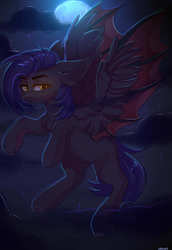 Size: 1263x1831 | Tagged: safe, artist:crybaby, oc, oc only, oc:dawn sentry, bat pony, bat wings, cloud, glowing eyes, hybrid wings, moon, night, solo