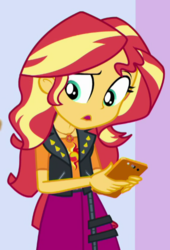 Size: 388x569 | Tagged: safe, screencap, sunset shimmer, a fine line, equestria girls, equestria girls series, g4, cellphone, cropped, female, phone, solo
