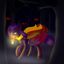 Size: 3000x3000 | Tagged: safe, artist:dino, artist:dinoalpaka, oc, oc only, oc:dawn sentry, bat pony, lamb, sheep, rcf community, bat wings, cloak, clothes, dark forest, darkness, dirty hooves, female, forest, glowing eyes, glowing eyes of doom, high res, mare, solo