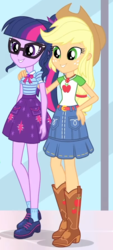 Size: 406x895 | Tagged: safe, screencap, applejack, sci-twi, twilight sparkle, a fine line, equestria girls, equestria girls series, g4, boots, clothes, cowboy hat, cropped, cute, freckles, geode of super strength, geode of telekinesis, glasses, hand on hip, hand on shoulder, hat, magical geodes, ponytail, shoes, skirt, smiling, twiabetes