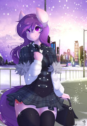 Size: 800x1163 | Tagged: dead source, safe, artist:teranen, oc, oc only, anthro, anthro oc, city, clothes, colored pupils, commission, cute, eye clipping through hair, female, long gloves, mare, miniskirt, moe, plaid, pleated skirt, school uniform, skirt, skirt lift, smiling, snow, snowfall, socks, solo, stockings, thigh highs, thighs, winter, ych result, zettai ryouiki