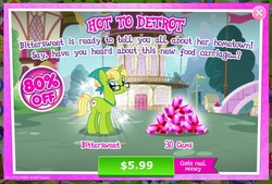 Size: 948x639 | Tagged: safe, gameloft, bittersweet (g4), pony, unicorn, g4, advertisement, costs real money, crack is cheaper, greedloft, introduction card, katie cook