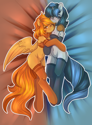 Size: 2016x2718 | Tagged: source needed, safe, artist:airiniblock, oc, oc only, oc:firetale, oc:mirror image, pegasus, pony, unicorn, rcf community, bedsheets, bipedal, bra, bra on pony, clothes, cuddling, duo, duo female, featureless crotch, female, high res, horn, looking at you, mare, one eye closed, smiling, stockings, thigh highs, underwear, wings