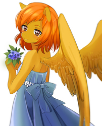 Size: 2480x3071 | Tagged: safe, artist:kirani, oc, oc only, oc:firetale, pegasus, anthro, anthro oc, blushing, bouquet, clothes, dress, female, high res, mare, solo