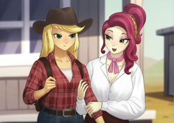 Size: 1228x868 | Tagged: safe, artist:agaberu, applejack, cherry jubilee, human, g4, the last roundup, backpack, beauty mark, blushing, breasts, cleavage, clothes, duo, female, freckles, hat, hug, humanized, lidded eyes, lipstick, looking at each other, nail polish, open mouth, pixiv, pony coloring, scene interpretation, smiling