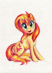 Size: 495x690 | Tagged: safe, artist:kirillk, sunset shimmer, pony, unicorn, g4, cute, female, happy, looking at you, shimmerbetes, sitting, smiling, solo, traditional art