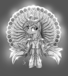 Size: 915x1014 | Tagged: safe, artist:zidanemina, princess cadance, g4, armor, crossover, female, monochrome, saint seiya, smiling, solo