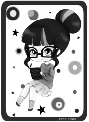 Size: 700x949 | Tagged: safe, artist:electricshine, sci-twi, twilight sparkle, equestria girls, g4, book, chibi, clothes, cute, female, glasses, grayscale, hair bun, looking at you, monochrome, pleated skirt, shoes, skirt, socks, solo, sweater, twiabetes