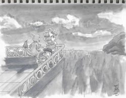 Size: 2098x1624 | Tagged: safe, artist:digiral, pinkie pie, charmeleon, series:pinkie pie's adventure, g4, celadon department store, crossover, monochrome, pokémon, roof, traditional art