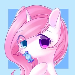 Size: 1500x1500 | Tagged: safe, artist:leafywind, oc, oc only, pony, unicorn, abstract background, bust, candy, female, food, mare, portrait, solo