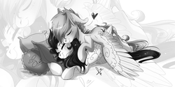 Size: 8000x4000 | Tagged: safe, artist:wilvarin-liadon, oc, oc only, oc:alona, oc:vibrato, pegasus, pony, alonato, black and white, cuddling, cute, eyes closed, grayscale, heart, monochrome, pillow, shipping, snuggling, spread wings, wings