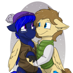Size: 3000x3000 | Tagged: safe, artist:scruffasus, oc, oc only, oc:fleet wing, oc:neutrino burst, hippogriff, pegasus, pony, clothes, gay, glasses, hat, high res, holding hooves, hoodie, hug, male, vest, winghug, wings