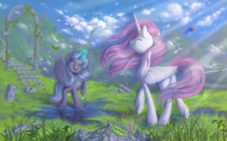 Size: 1288x800 | Tagged: safe, artist:stasysolitude, princess celestia, princess luna, alicorn, butterfly, pony, g4, cute, duo, female, field, filly, flower, glowing horn, grass, horn, leaves, lunabetes, magic, pink mane, pink-mane celestia, ruins, smiling, woona, younger