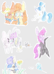 Size: 4438x6079 | Tagged: safe, artist:dragonpone, derpibooru exclusive, applejack, juicy fruit, limestone pie, marble pie, maud pie, pear butter, trixie, oc, oc:cerulean swirls, oc:ghostwhite, alicorn, breezie, earth pony, food pony, monster pony, mushroom pony, original species, pie pony, pony, tatzlpony, unicorn, absurd resolution, alicornified, bipedal, blushing, breeziefied, cape, cheek fluff, chest fluff, choker, clothes, colored pencil drawing, dandelion, ear fluff, flying, food, freckles, grass, grumpy, jumpsuit, looking at each other, mauzie, mushroom, mushroomified, one eye closed, pie, race swap, sketch, sketch dump, smiling, species swap, spiked choker, tattoo, tatzljack, tentacle tongue, tentacles, tongue out, traditional art, trixie's cape, trixiecorn, yo-yo