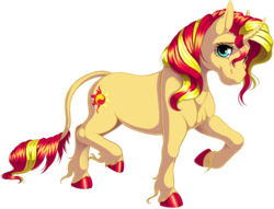 Size: 1615x1233 | Tagged: safe, artist:kittehkatbar, sunset shimmer, classical unicorn, pony, unicorn, cloven hooves, colored hooves, curved horn, female, leonine tail, mare, raised hoof, simple background, smiling, solo, transparent background, unshorn fetlocks