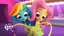 Size: 1280x720 | Tagged: safe, fluttershy, rainbow dash, equestria girls, g4, the show must go on, doll, equestria girls minis, female, irl, logo, photo, tape, ticket, tied up, toy, worried