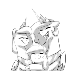 Size: 1200x1200 | Tagged: safe, artist:anticular, princess celestia, princess luna, oc, oc:anticular pony, pony, ask sunshine and moonbeams, g4, eyes closed, female, grayscale, group hug, hug, jewelry, mare, monochrome, open mouth, regalia, royal sisters, simple background, smiling, trio, white background