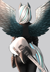 Size: 1400x2000 | Tagged: safe, artist:di-dash, oc, oc only, oc:crosswind, pegasus, anthro, anthro oc, clothes, female, gloves, guitar, jacket, mare, rear view, solo, spread wings, wings, ych result