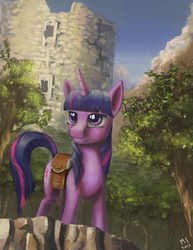 Size: 2200x2850 | Tagged: safe, artist:maroonillustrator, twilight sparkle, pony, unicorn, g4, cloud, female, high res, mare, ruins, saddle bag, scenery, sky, solo, tree, unicorn twilight