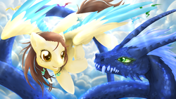 Size: 1920x1080 | Tagged: safe, artist:tokokami, oc, oc only, oc:skyfire, dragon, pegasus, pony, amazing, cute, draco, duo, light, mystical, sky, wallpaper, waterdragon