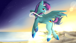 Size: 1920x1080 | Tagged: safe, artist:tokokami, oc, oc only, oc:laser shine, pegasus, pony, cute, flower, hawaii, lens flare, solo, sunset