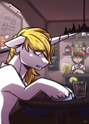 Size: 2500x3500 | Tagged: safe, artist:lrusu, prince blueblood, oc, pony, unicorn, g4, alcohol, bar, bartender, clothes, commission, glowing horn, high res, horn, magic, male, stallion, telekinesis, unshorn fetlocks