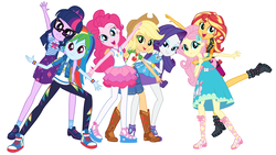 Size: 8000x4500 | Tagged: safe, applejack, fluttershy, pinkie pie, rainbow dash, rarity, sci-twi, sunset shimmer, twilight sparkle, equestria girls, g4, my little pony equestria girls: better together, absurd resolution, clothes, converse, cowboy hat, dress, feet, freckles, geode of empathy, geode of shielding, geode of sugar bombs, geode of super speed, geode of super strength, geode of telekinesis, glasses, hat, humane five, humane seven, humane six, lidded eyes, looking at you, magical geodes, open mouth, pants, pantyhose, promotional art, rarity peplum dress, sandals, shoes, simple background, smiling, sneakers, stetson, vector, white background