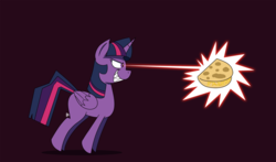 Size: 1700x1000 | Tagged: safe, artist:feralroku, twilight sparkle, alicorn, pony, g4, secrets and pies, evil cheese hater twilight, evil pie hater dash species, evil quesadilla hater twilight, evil smile, eye beams, female, food, grin, laser, magic blast, parody, pew pew pew, quesadilla, revenge, sharp teeth, simple background, smiling, solo, teeth, they're just so cheesy, twilight sparkle (alicorn)