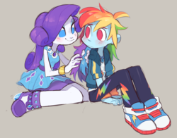 Size: 1460x1145 | Tagged: safe, artist:xenon, rainbow dash, rarity, equestria girls, g4, my little pony equestria girls: better together, blushing, clothes, converse, duo, eyeshadow, female, gray background, kneeling, lesbian, looking at each other, makeup, multicolored hair, pants, rarity peplum dress, ship:raridash, shipping, shirt, shoes, simple background, sitting, smiling