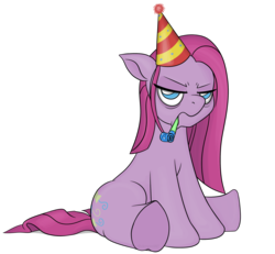 Size: 2610x2414 | Tagged: safe, artist:underwoodart, pinkie pie, earth pony, pony, g4, female, hat, high res, party hat, party horn, pinkamena diane pie, simple background, sitting, solo, transparent background