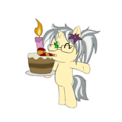 Size: 404x404 | Tagged: safe, artist:sanyo2100, oc, oc only, oc:mercury shine, pony, unicorn, cake, chibi, cute, female, flower, flower in hair, food, one eye closed, simple background, solo, standing, transparent background, wink